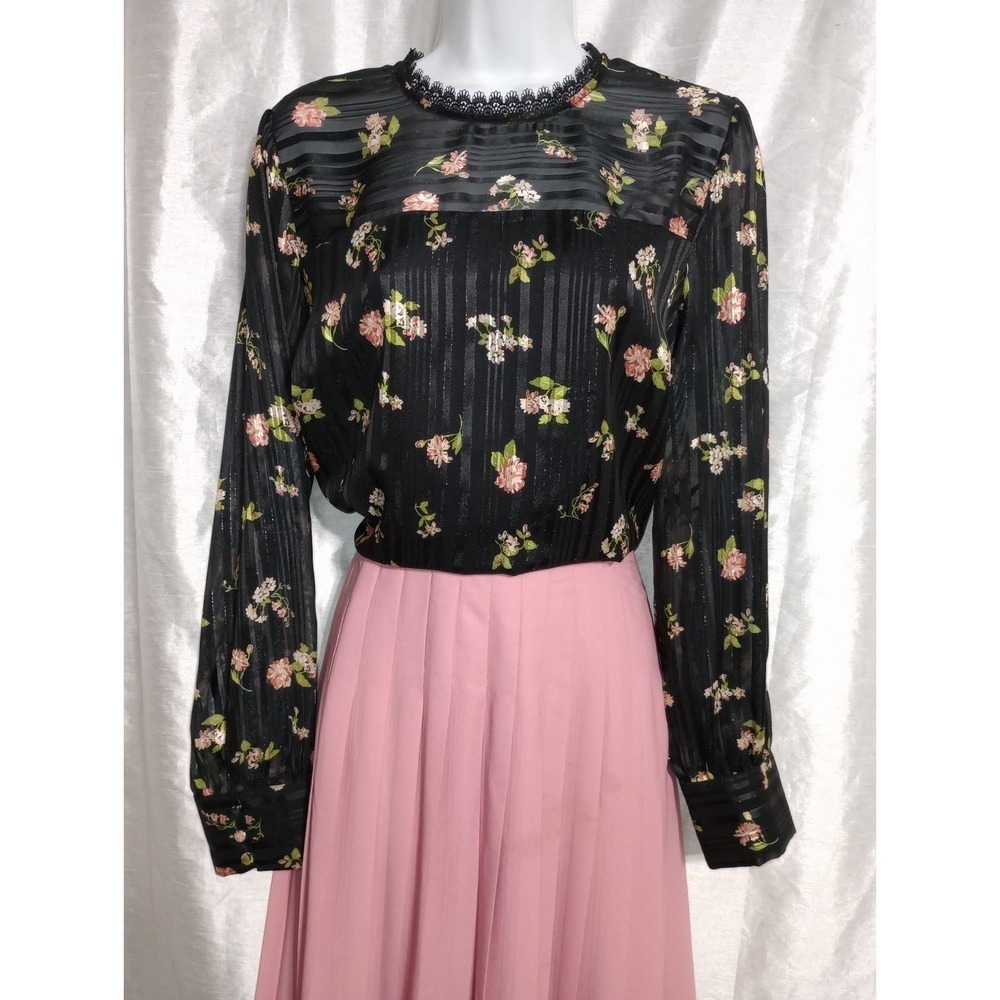 ROMANTIC MODCLOTH satin silver stripe pink flower black lace BLOUSE Top
